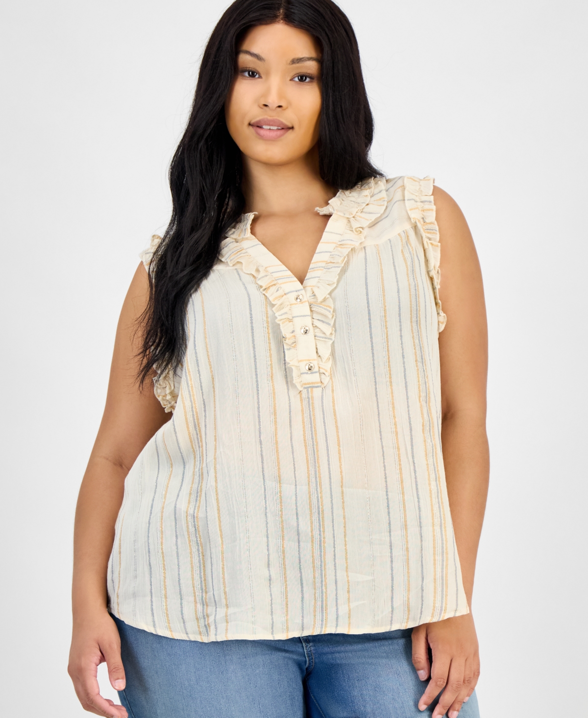 Democracy Trendy Plus Size Ruffled Sleeveless Top In Multi