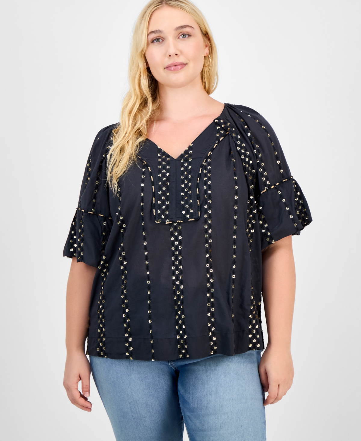 Democracy Trendy Plus Cotton Floral-trim Bubble-sleeve Blouse In Blue