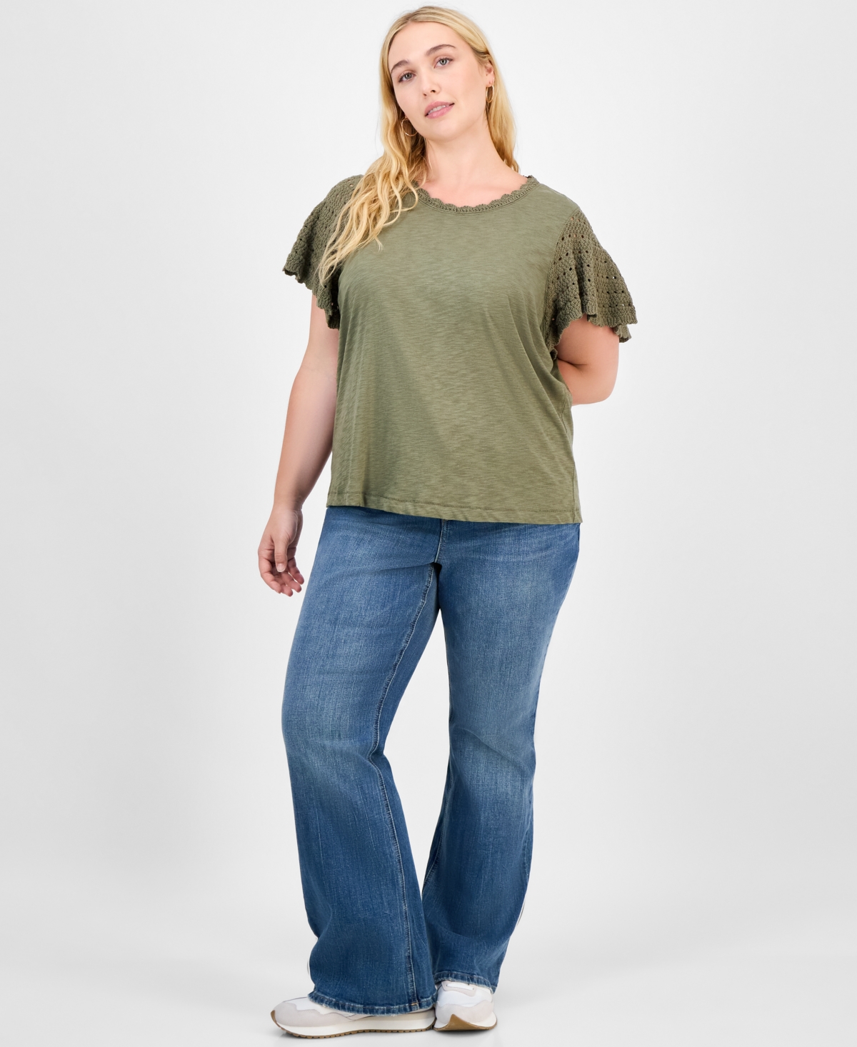 Democracy Trendy Plus Crochet Flutter-sleeve Top In Green