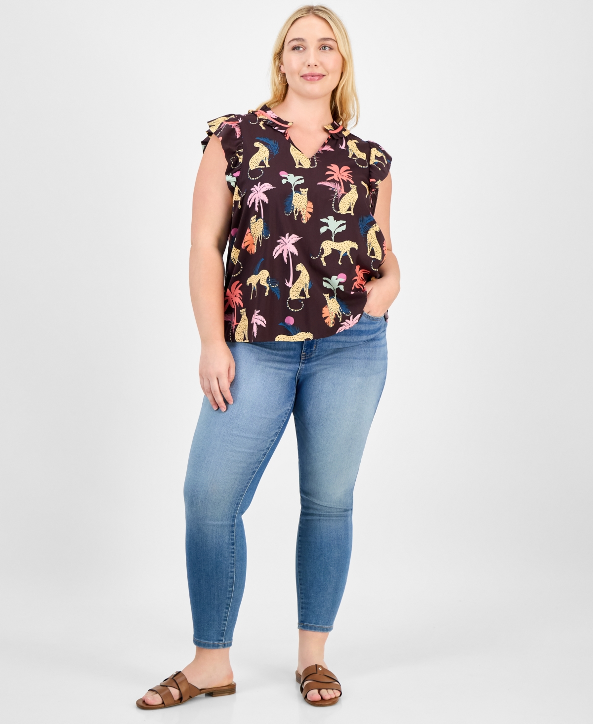 Democracy Trendy Plus Printed Split-neck Flutter-sleeve Top In Brown