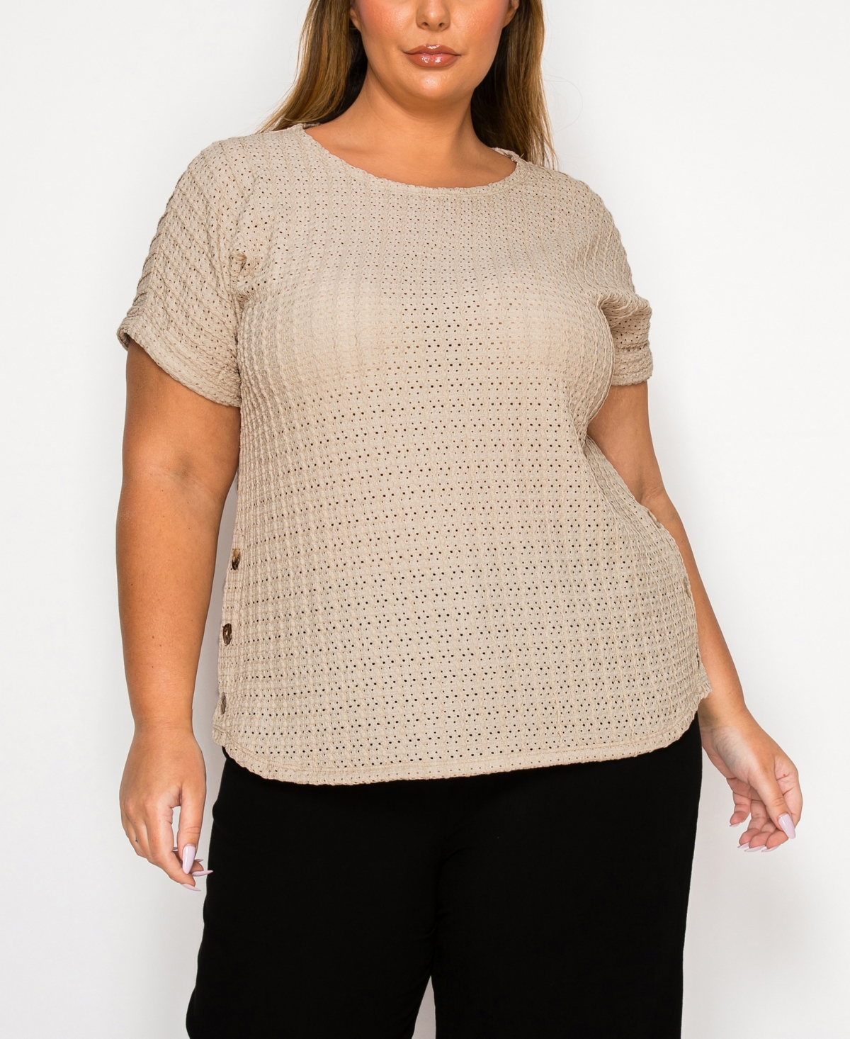 Plus Size Eyelet Jersey Scoop Neck Side Buttons Top - Taupe