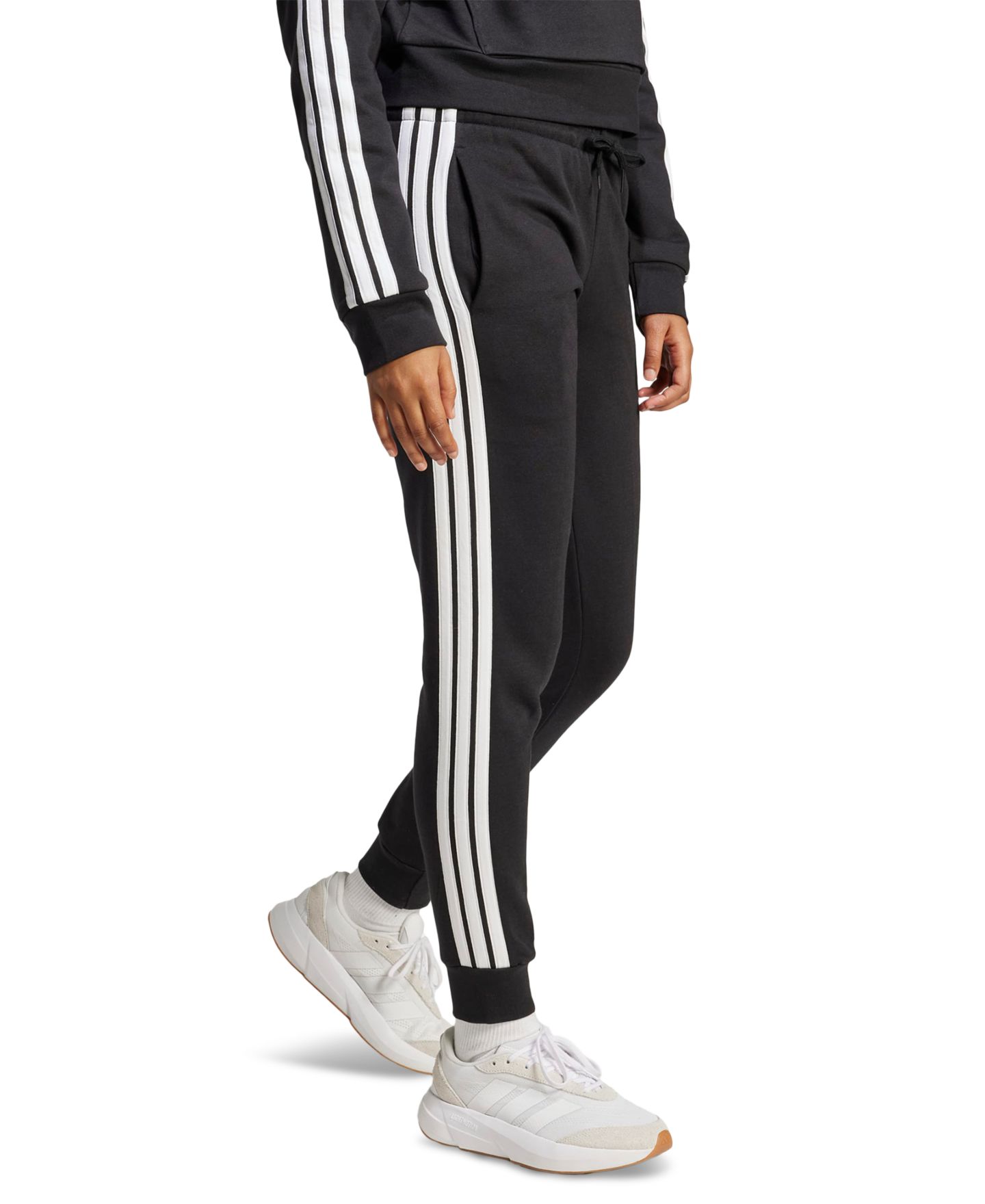 Женские брюки adidas Essentials Three Stripes Fleece Slim, цвет: Чёрный / Белый — фото 2