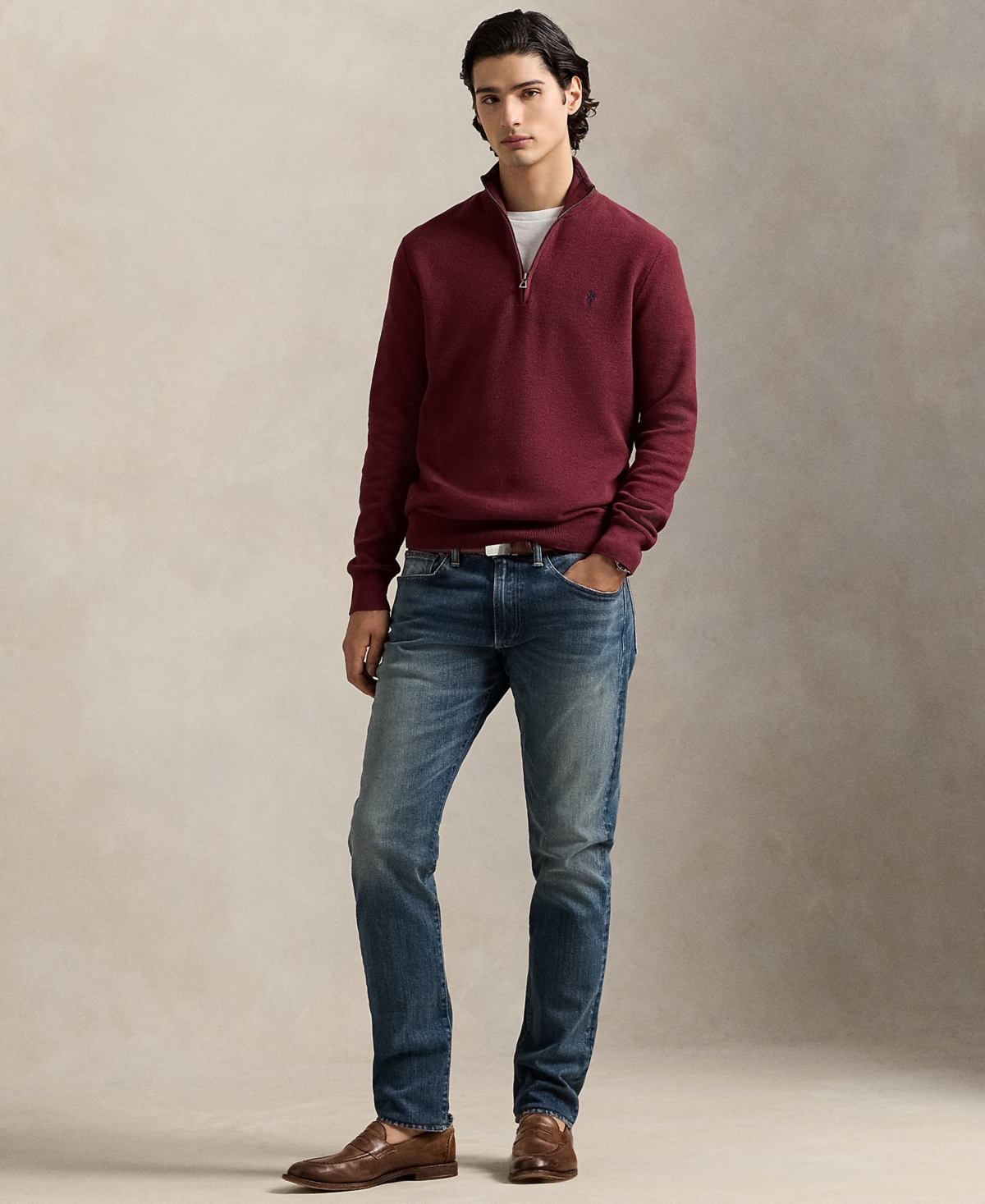 Polo Ralph Lauren Ralph Lauren Mesh-knit Cotton Quarter-zip Sweater In Burgundy