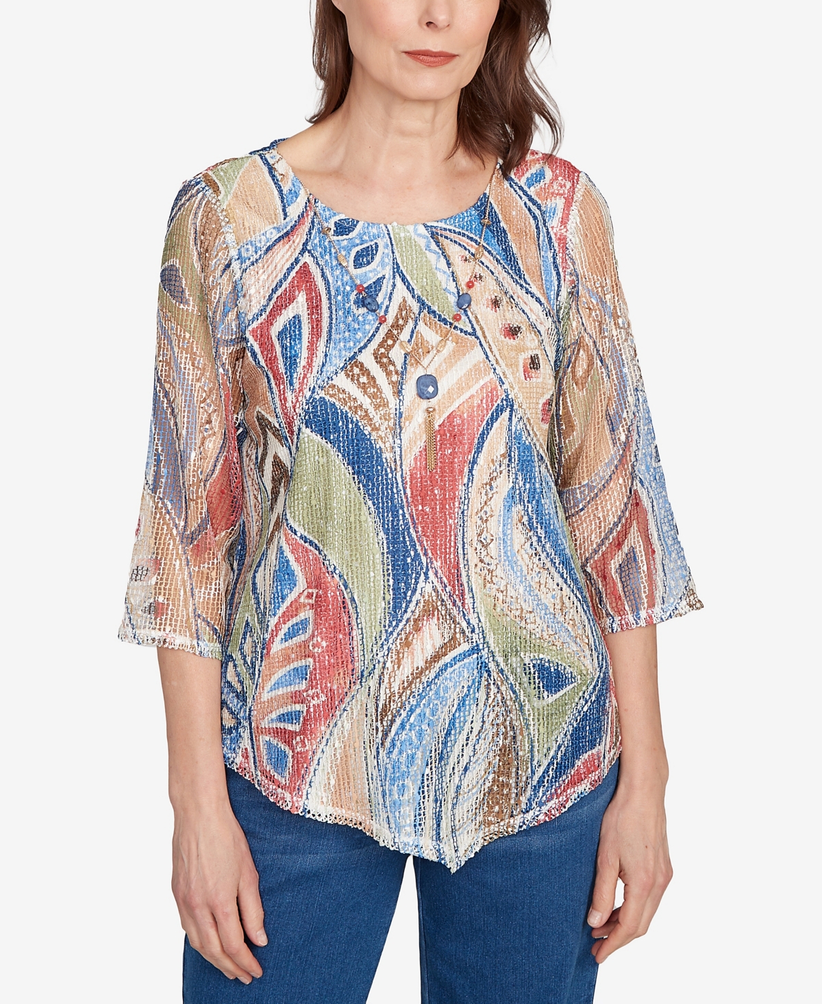 Women's El Paso Printed Leaf Textured Top with Necklace - Blue Multi