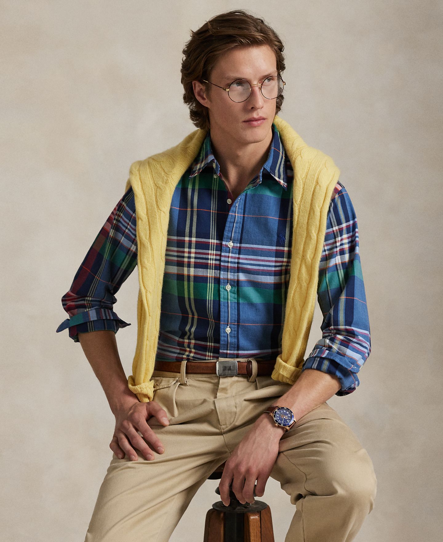 Мужская рубашка Polo Ralph Lauren Classic-Fit Plaid Oxford, цвет: Синий красный разноцветный — фото 2