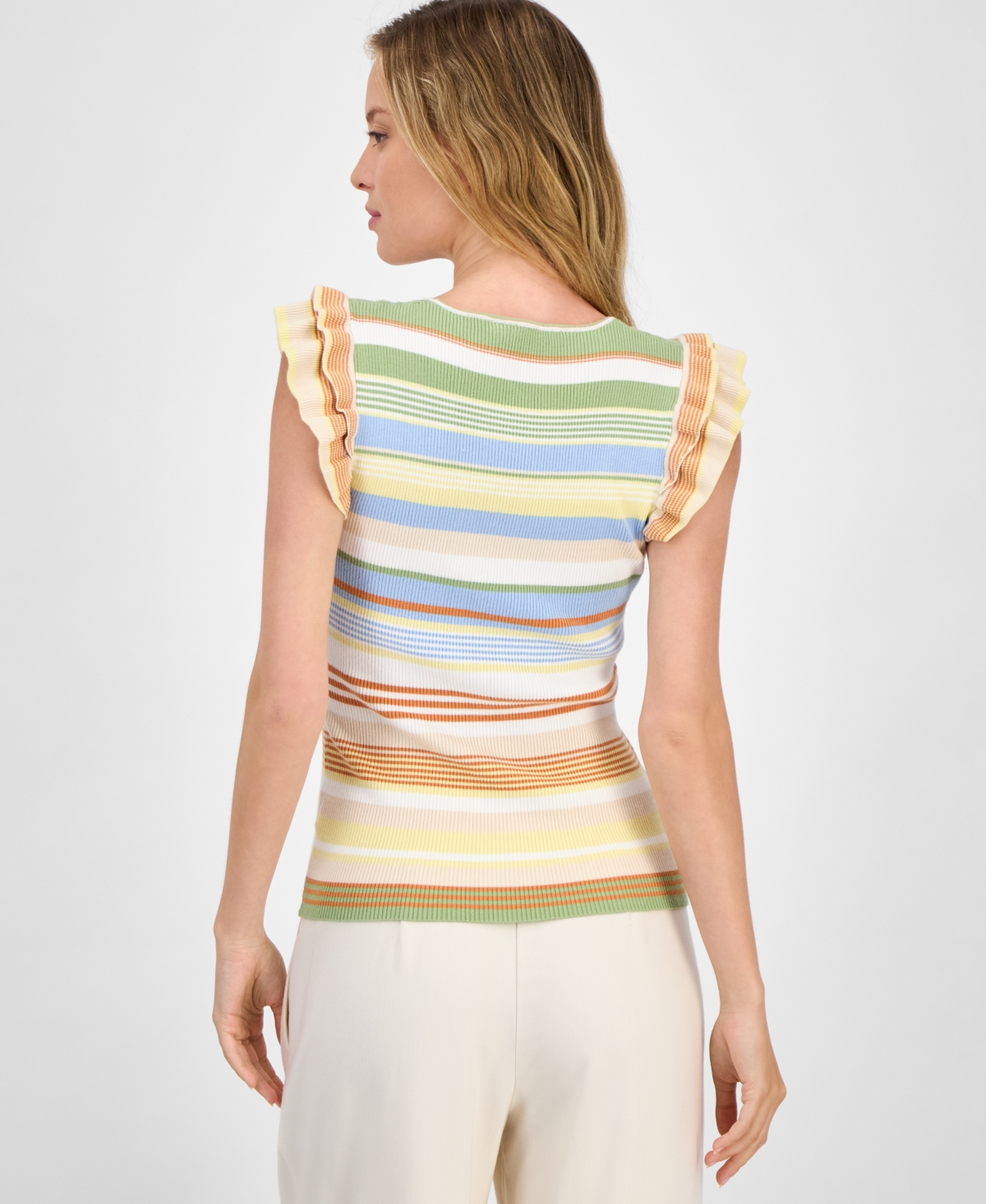 T Tahari Women's Striped Ribbed Flutter-sleeve Scoop-neck Top In Multi