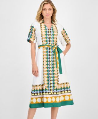 Women's Printed Elbow-Sleeve Tie-Waist Split-Neck Midi Dress