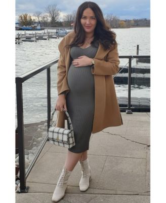 Maternity Light Olive V-Neck Long Sleeve Fitted Maxi Dress