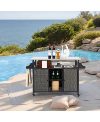 Large Wicker Kitchen Cart with Stainless Top & Wheels