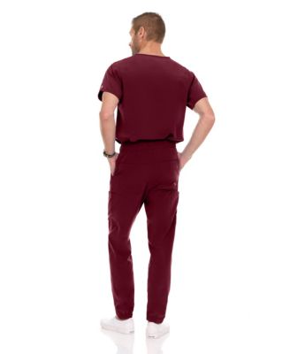 Men's Men Scrubs Set - Stretch V-Neck Scrub Top with 7-Pocket Pants Workwear Wine Large