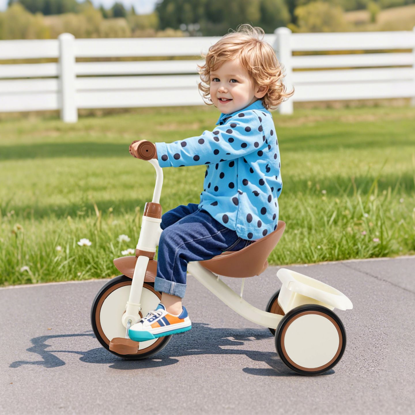 Детская игрушка Slickblue Toddler Tricycle with Adjustable Seat and Storage Basket, Ages 3-5, цвет: Бежевый — фото 2