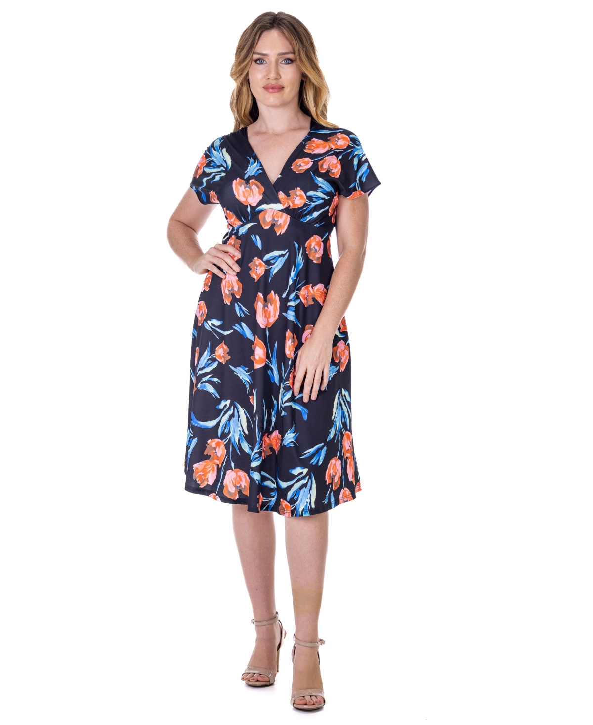 Petite Tulip Print Empire Waist Kimono Cap Sleeve Knee Length Dress - Black Multi