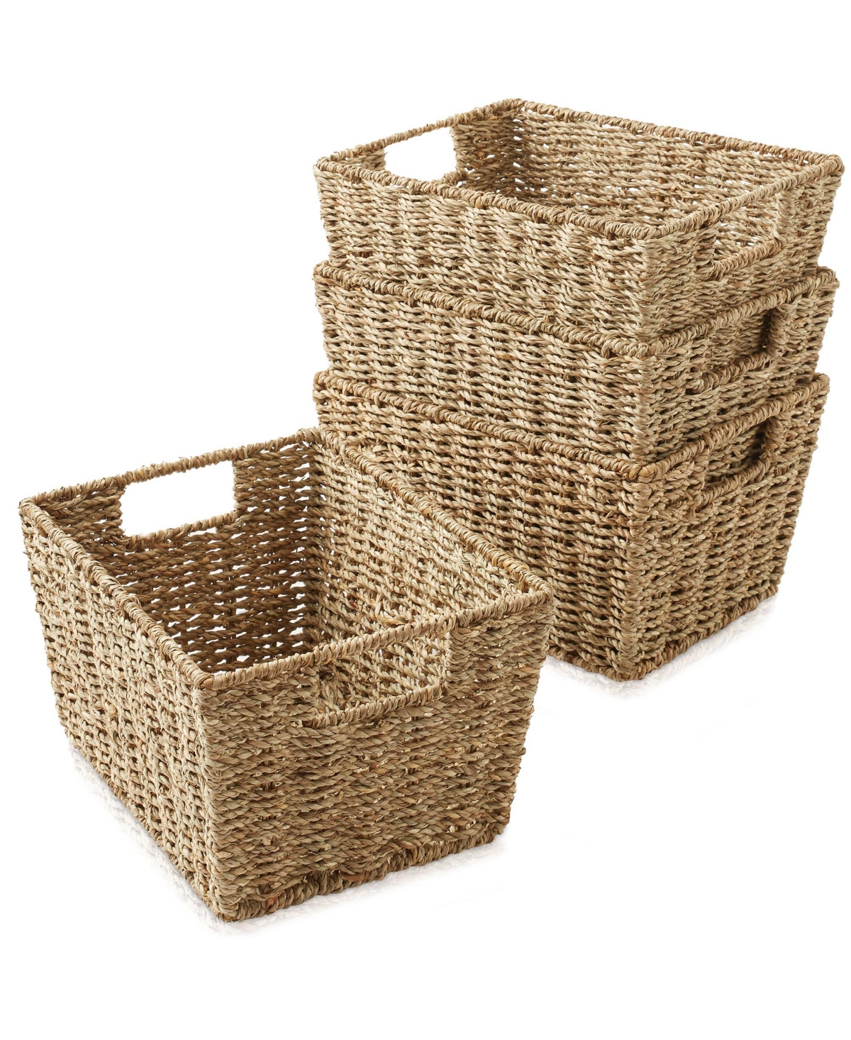 Set of 4 Seagrass Storage Baskets with Handles - Natural, 12" x 9" x 6" Rectangular Storage Bins for Organizing Shelves, Blankets, Laundry -