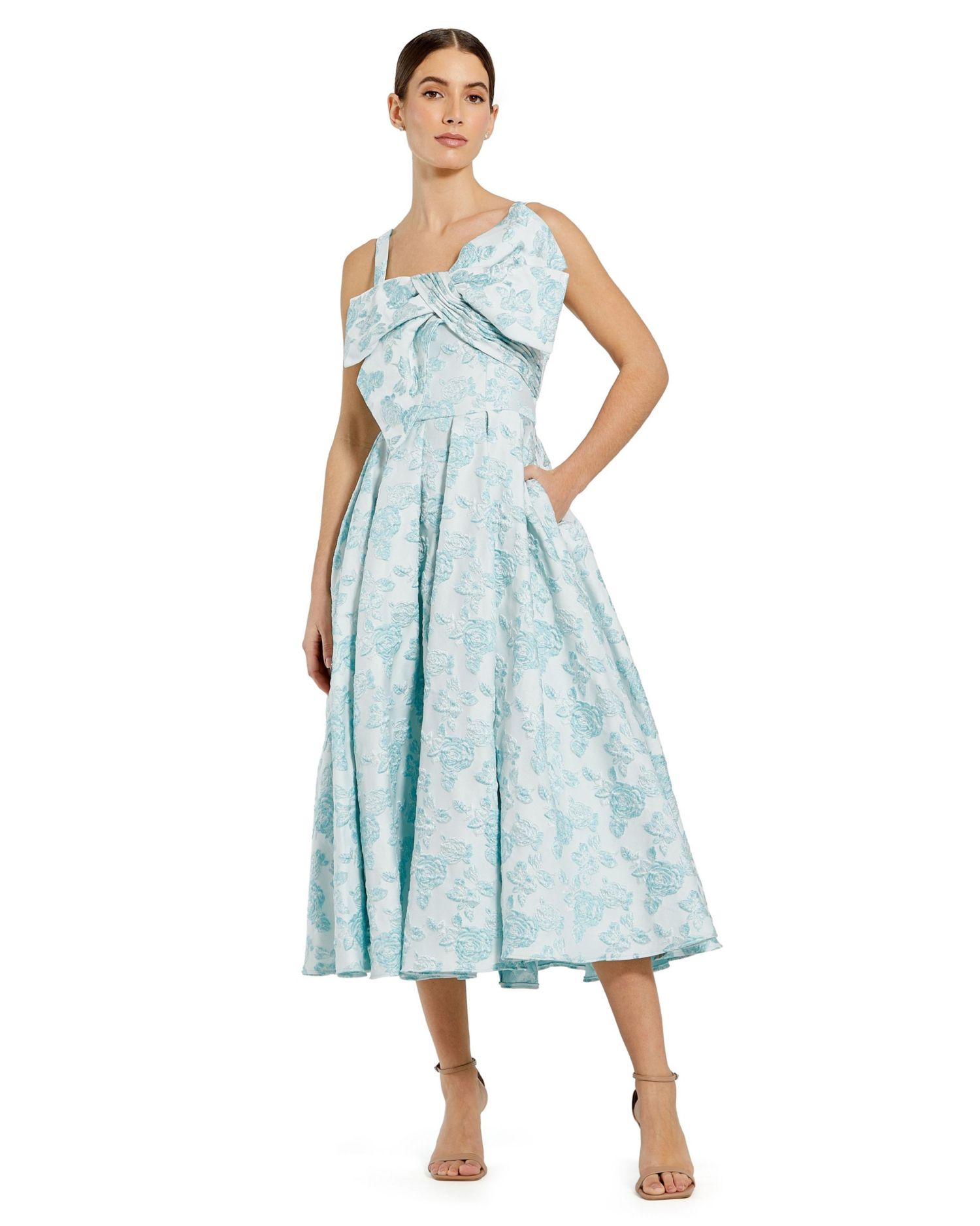 Women's Sleeveless Large Bow Detail Floral Brocade Dress