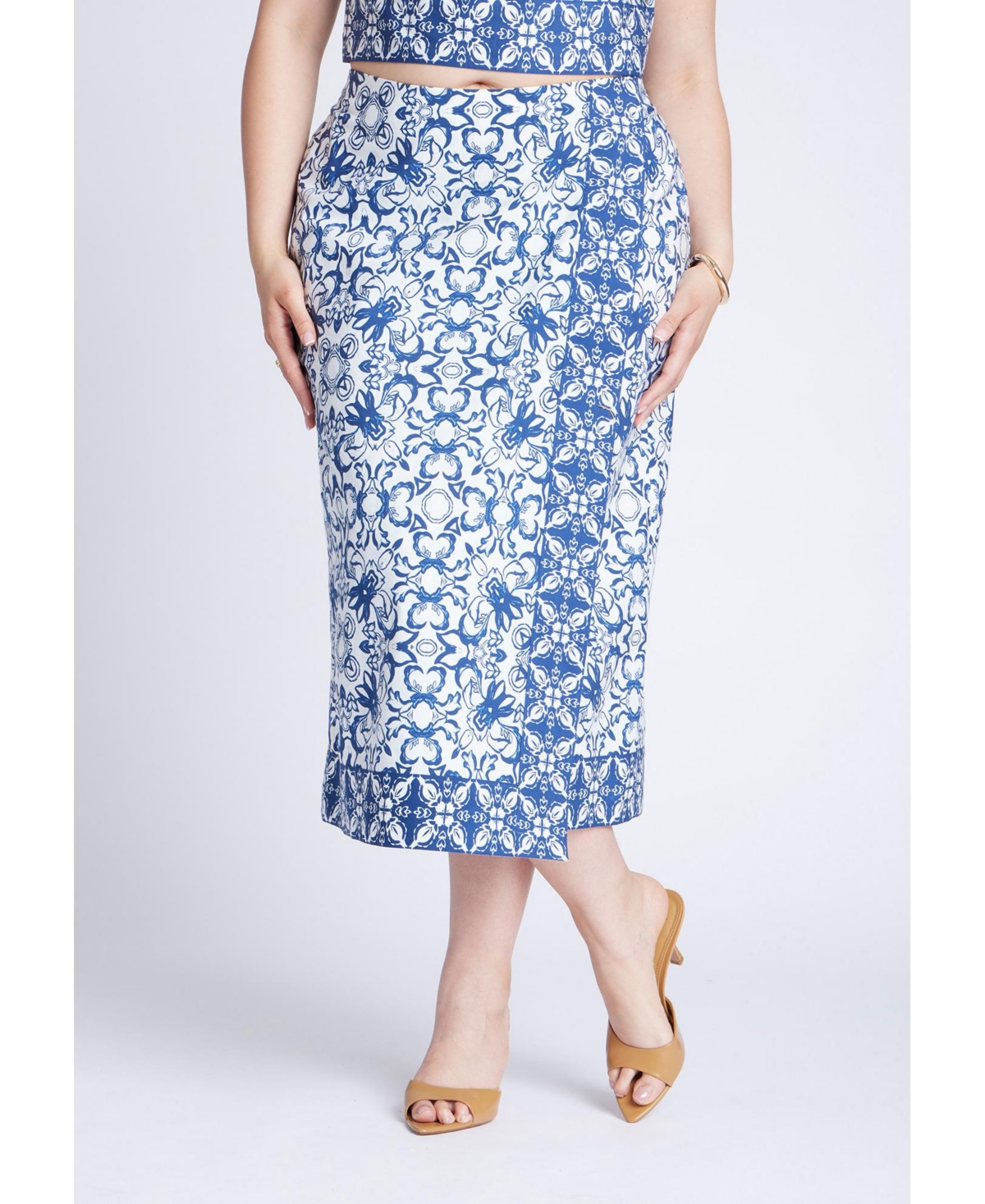 Plus Size Border Print Midi Skirt - Azulejo