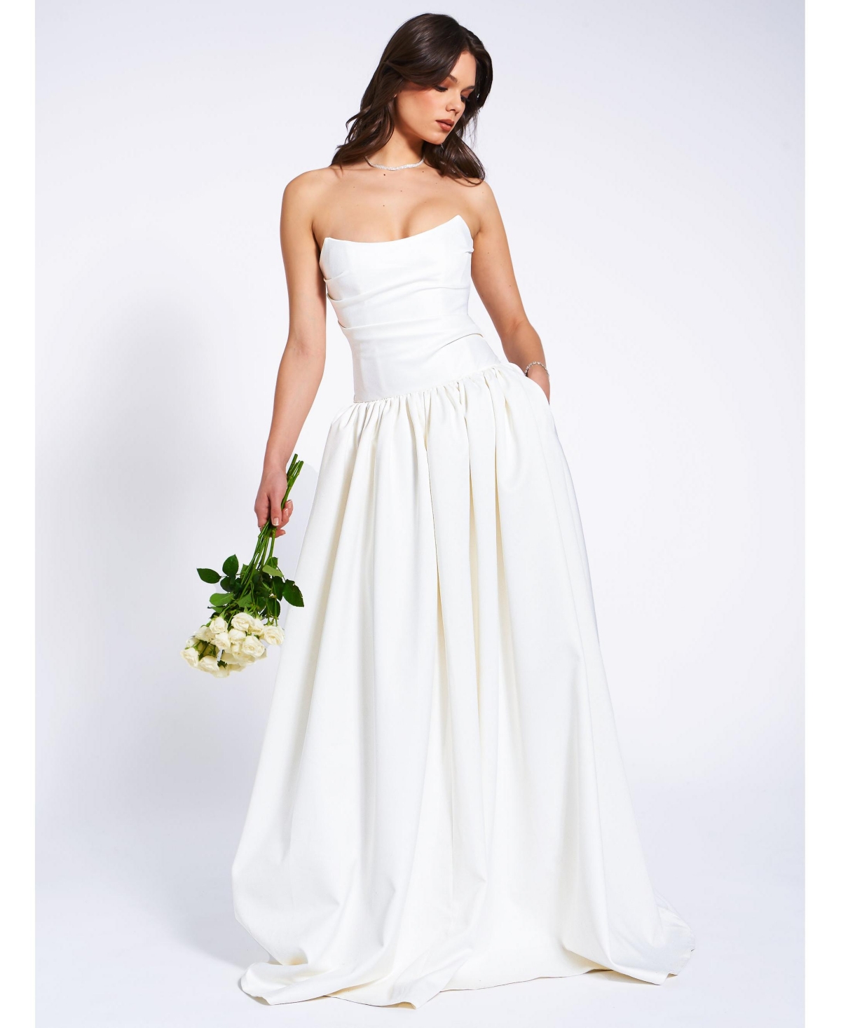 Women's Umay White Drop Waist Satin Corset Bridal Gown - White