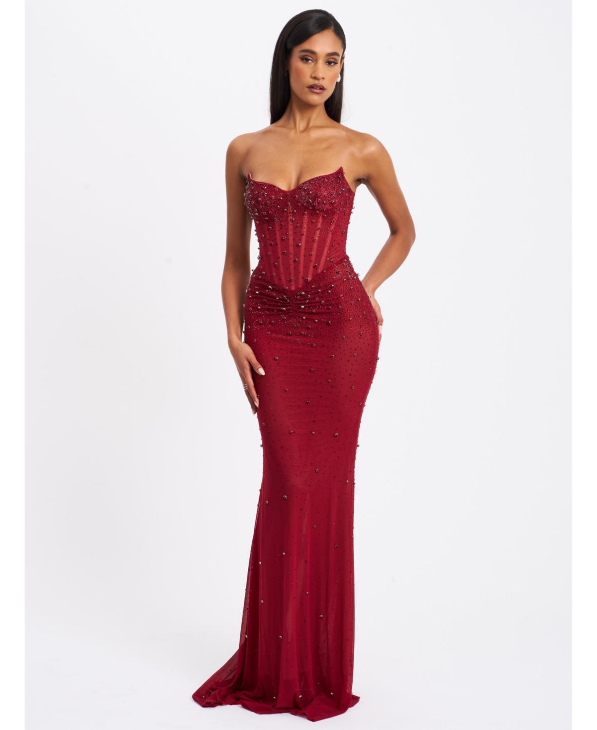 Women's Fatima Burgundy Crystal Sleeveless Corset Mermaid Maxi Dress - Dark red