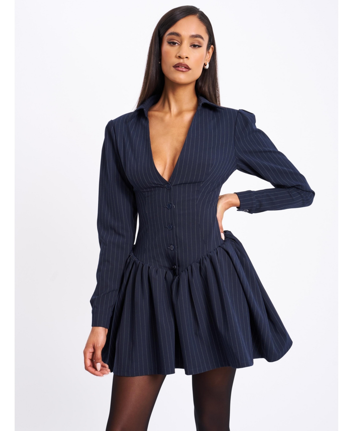 Women's Xabrina Navyblue Pinstripe Long Sleeve Shirt Mini Dress - Navy