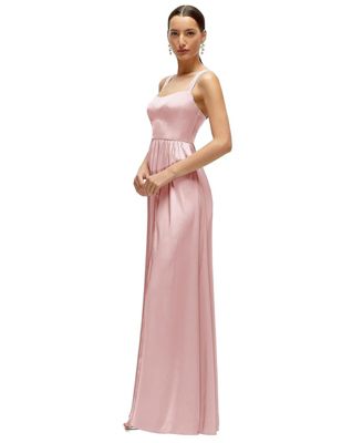 Women's Shaped Strap Portrait Neckline Fluid Satin Maxi Dress with Full Skirt