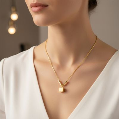 14K Gold Plated Lock Pendant Necklace with Beaded Accents