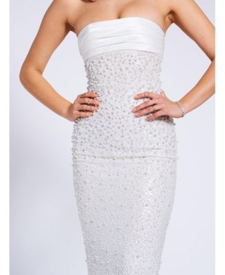 Women's Lainey White Satin Sequin Pearls Beaded Maxi Dress