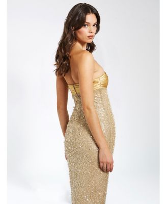 Women's Lainey Gold Satin Sequin Pearls Beaded Maxi Dress