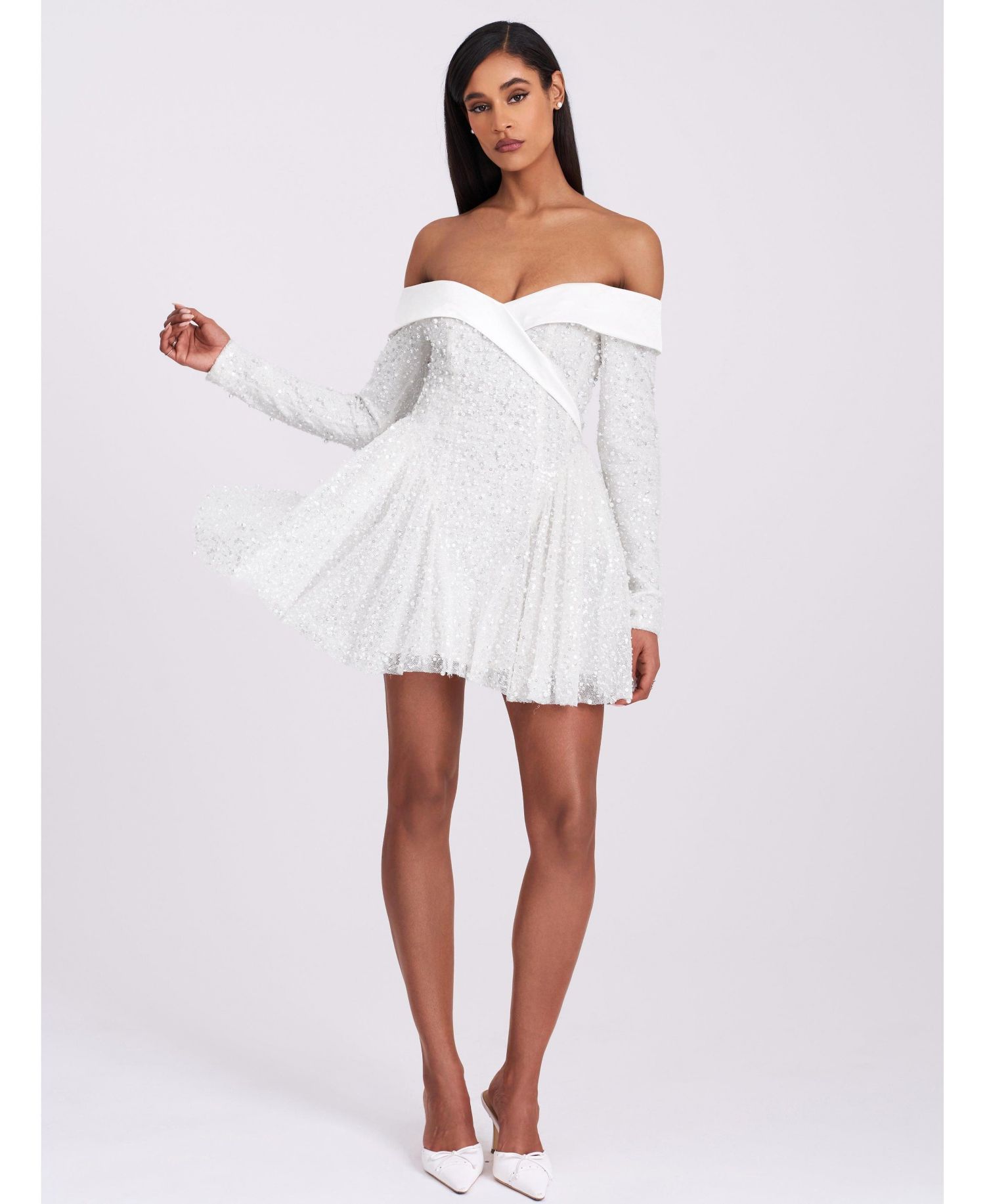Women's Kira Bead Embroidered Mesh Off Shoulder Long Sleeve Mini Dress