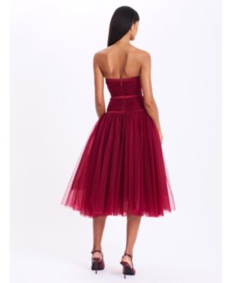 Women's Mabel Burgundy Drop Waist Layered Mesh Midi Puffy Dress with Bow