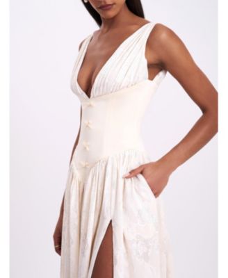 Women's Sabrina Butter Yellow High Slit Jacquard Maxi Dress