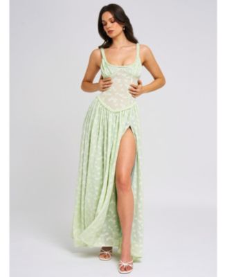 Women's Ulissa Light Green Square Neck Jacquard Textured High Slit Maxi Dress