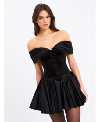Women's Echo Black Velvet Off-shoulder Pleated Mini Dress