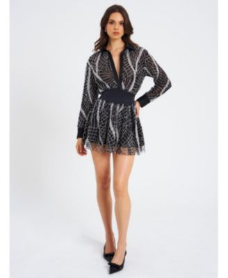 Women's Rachelle Black Embroidered Mesh Mini Shirt Dress