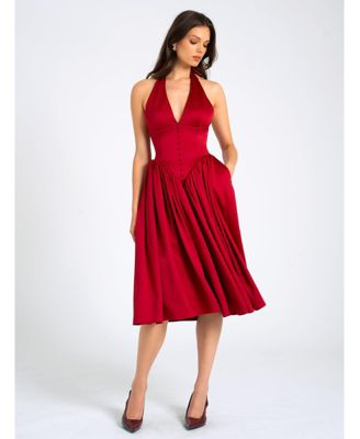 Women's Cara Red Plunging Halter Backless Maxi Dress