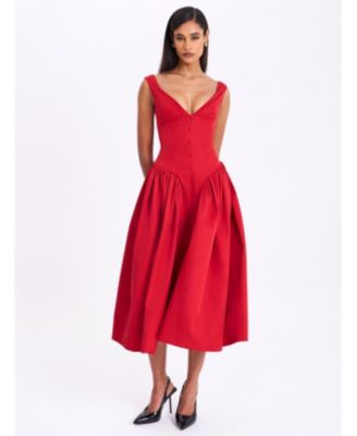 Women's Nahla Red Drop Waist Midi Dress with Buttons