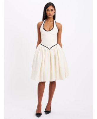 Women's Natalie U Neck Halter Drop Waist Tweed Midi Dress