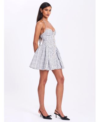 Women's Melody Black and White Plaid Tweed Halter Drop Waist Mini Dress