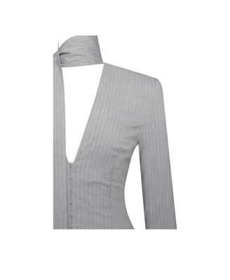 Women's Tahlia Deep V Pinstripes Gray Blazer Dress with scarf collar