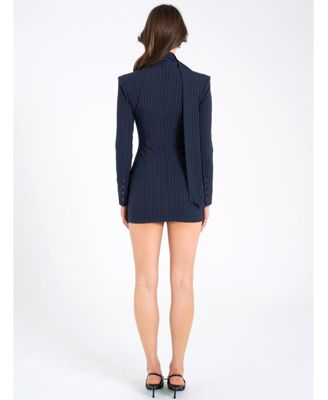 Women's Tahlia Deep V Pinstripes Navy Blue Blazer Dress with scarf collar