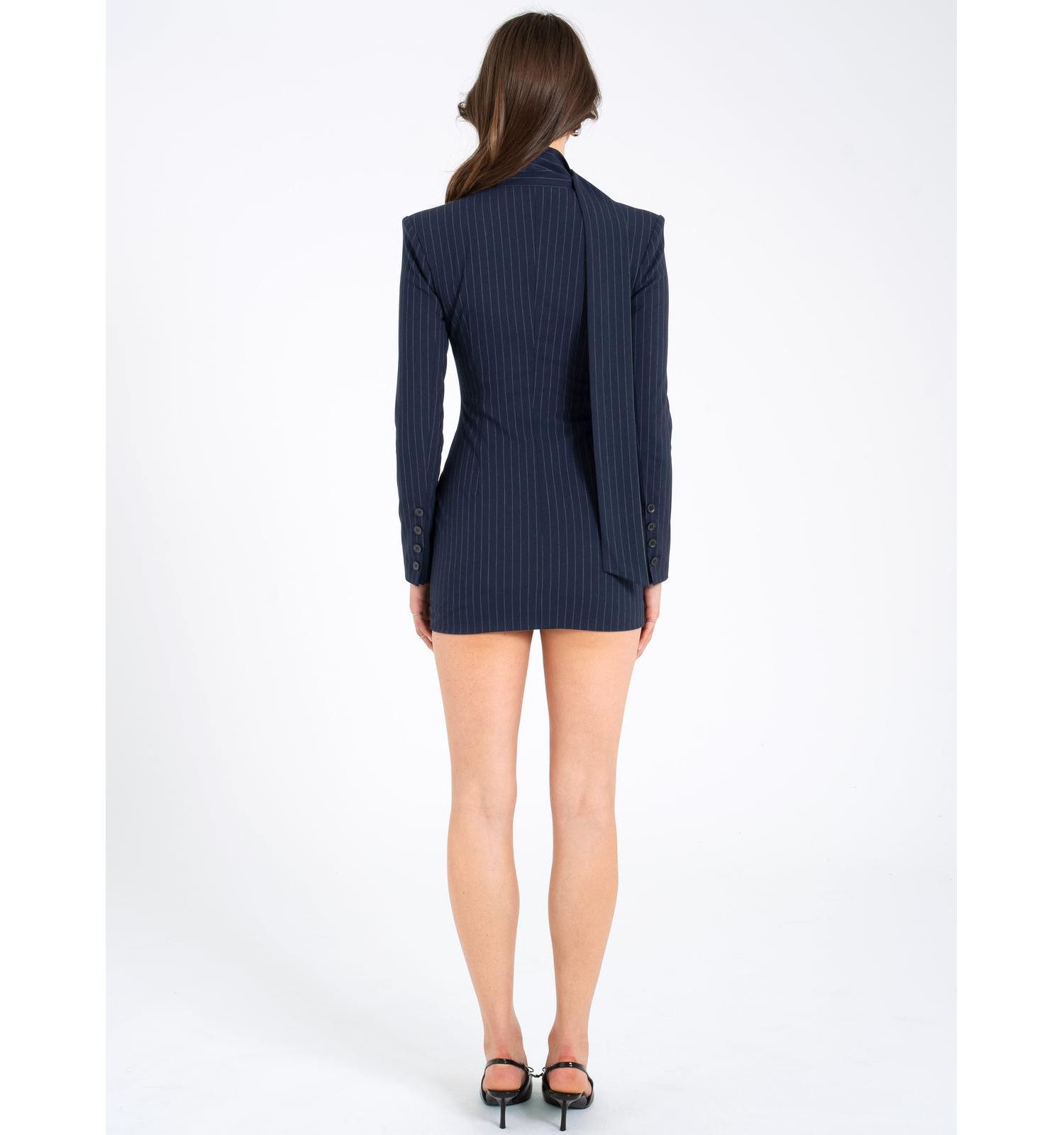Women's Tahlia Deep V Pinstripes Navy Blue Blazer Dress with scarf collar