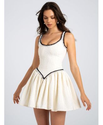 Women's Coco White Boucle Tweed V Waist Mini Dress