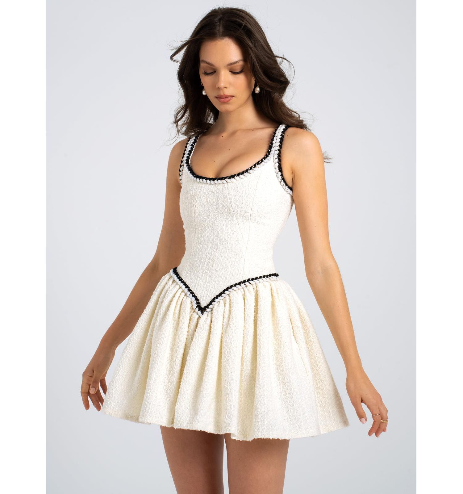 Women's Coco White Boucle Tweed V Waist Mini Dress
