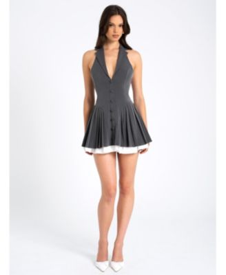 Women's Hazel Grey Preppy Halter Neck Pleated Mini Dress