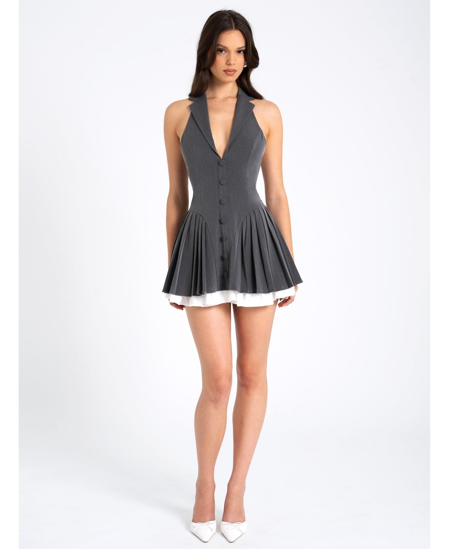 Women's Hazel Grey Preppy Halter Neck Pleated Mini Dress