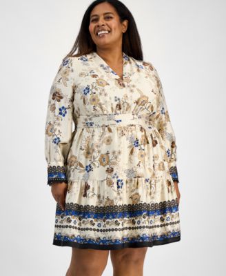 Plus Size Printed Satin Twill Fit & Flare Dress