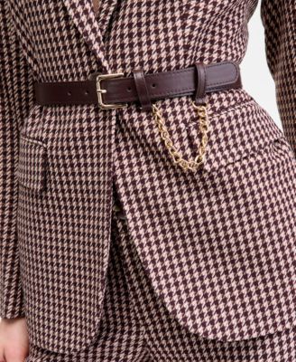 Women's Belted Houndstooth-Print Blazer
