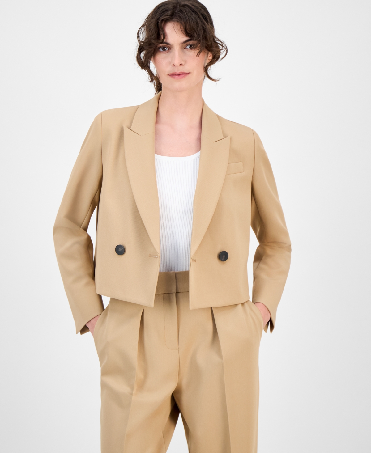 Anne Klein Women's Double-Breasted Peak-Lapel Ultra-Fine-Twill Cropped Jacket - Light Coffee