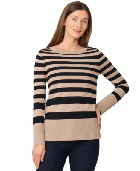Petite Striped Side-Slit Tunic Sweater - Camel
