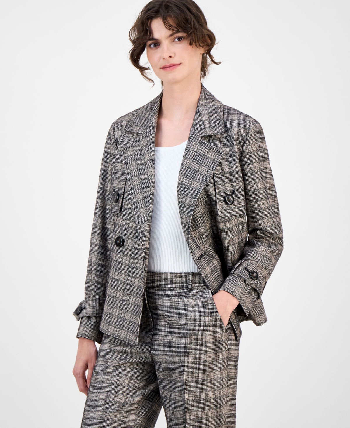Women's Plaid Belted Button-Front Trench Jacket - Anne Black Multi