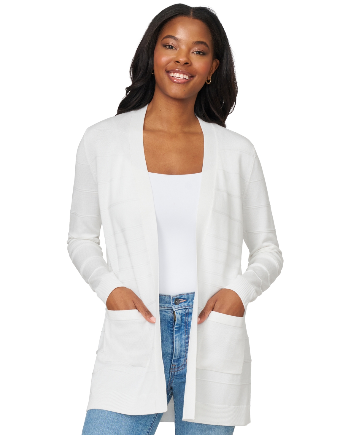 Petite Textured-Stripe Open-Front Cardigan Sweater - Snow White