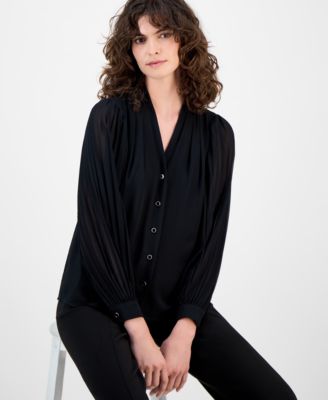 Women's Printed Pleated-Sleeve Chiffon Button-Front Top